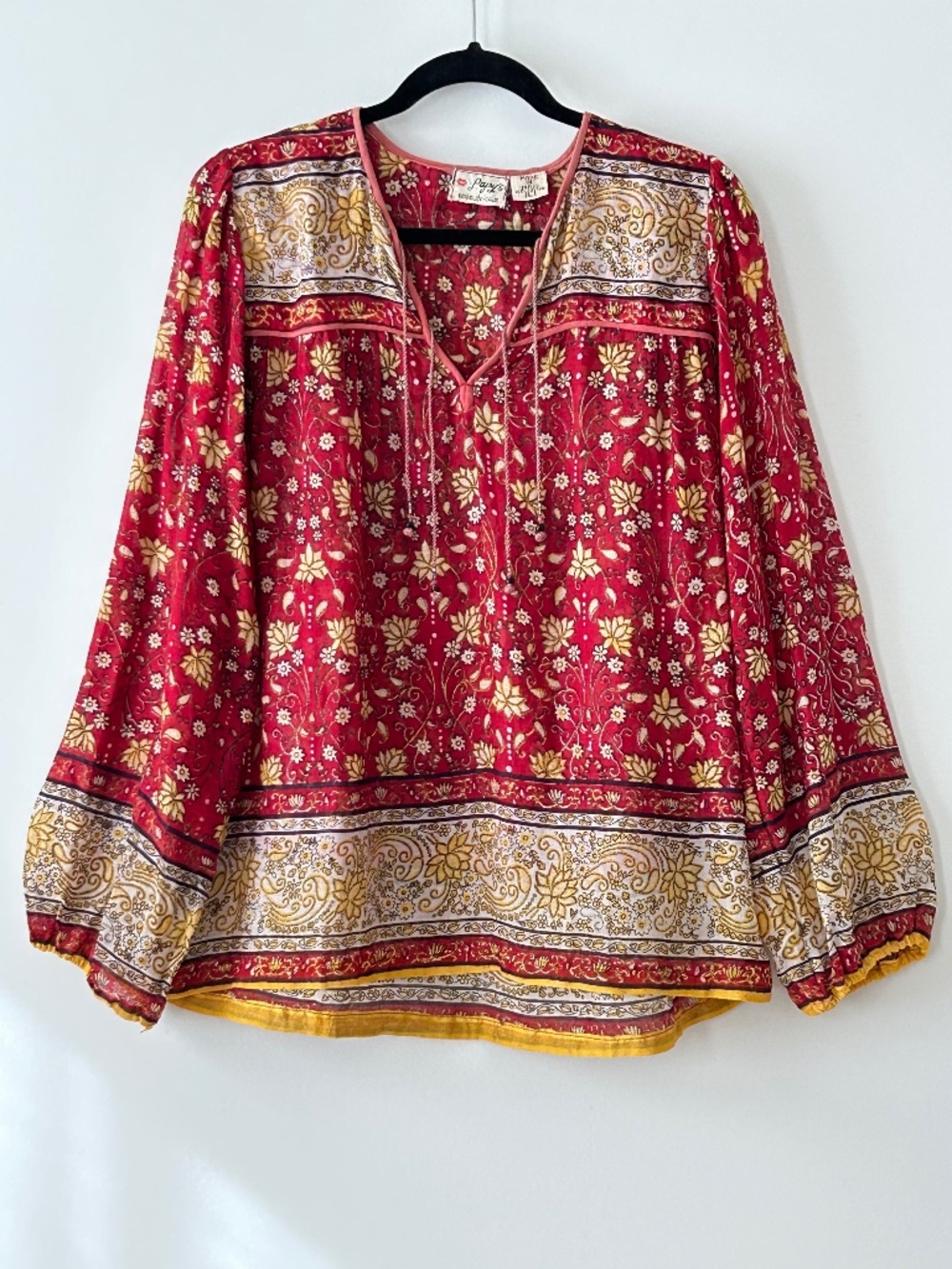 VTG 1970s Papy's Berkeley California 100% Cotton Gauze Block Print Floral Blouse